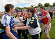 15 June 2014; Darren Hughes, Monaghan, left, and Conor Gormley, Tyrone, in dispute after the game. Ulster GAA Football Senior Championship, Semi-Final, Monaghan v Tyrone, St Tiernach's Park, Clones, Co. Monaghan. Picture credit: Oliver McVeigh / SPORTSFILE