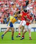 15 June 2014; Christopher Joyce, left, and Damien Cahalane, Cork, in action against Peter Duggan, Clare. Munster GAA Hurling Senior Championship, Semi-Final, Clare v Cork, Semple Stadium, Thurles, Co. Tipperary. Picture credit: Dáire Brennan / SPORTSFILE