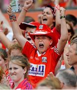 15 June 2014; A young Cork supporter celebrates a second half score. Munster GAA Hurling Senior Championship, Semi-Final, Clare v Cork, Semple Stadium, Thurles, Co. Tipperary. Picture credit: Dáire Brennan / SPORTSFILE