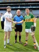 7 June 2014; Referee Seán Cleere with captains Neil Ó Muineacháin, Kildare, left, and John Egan, Kerry, before the game. Christy Ring Cup Final, Kerry v Kildare, Croke Park, Dublin. Picture credit: Piaras Ó Mídheach / SPORTSFILE
