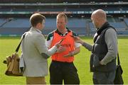 7 June 2014; Kildare manager Brian Lawlor, centre, is interviewed by journalists Ian Baker, left, and John Ryan, after the game. Christy Ring Cup Final, Kerry v Kildare, Croke Park, Dublin. Picture credit: Piaras Ó Mídheach / SPORTSFILE