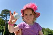 18 June 2014; Julie Anne Creen, age 3, from Dripsey, Co. Cork, with a signed ball she received from Graeme McDowell at the 18th tee box during the 2014 Irish Open Golf Championship Pro-Am. Fota Island, Cork. Picture credit: Diarmuid Greene / SPORTSFILE