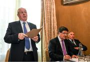18 June 2014; Minister of State for Tourism and Sport Michael Ring T.D. speaking at the launch of the Morton Games 2014 while John Foley, CEO of Athletics Ireland, centre, and Paddy Marley, President of Clonliffe Harriers A.C., right, look on. Buswell's Hotel, Kildare Street, Dublin. Picture credit: Pat Murphy / SPORTSFILE