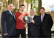 18 June 2014; Athlete Mark English with, from left,  Paddy Marley, President of Clonliffe Harriers A.C., Minister of State for Tourism and Sport Michael Ring T.D., and John Foley, CEO of Athletics Ireland, with the Morton Mile Trophy, during the launch of the Morton Games 2014. Buswell's Hotel, Kildare Street, Dublin. Picture credit: Pat Murphy / SPORTSFILE