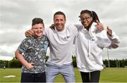 19 June 2014; Former Dublin footballer Senan Connell with Daniel Doyle, left, aged 12, from Finglas, Dublin, and Michelle Fadina, aged 13, from Dublin City, in attendance at the annual GPA Community Camp in ALSAA, Dublin. The Camp, which is overseen by county players, is run for children from disadvantaged schools and this year is being run in conjunction with the SOAR organisation. ALSAA Sports Centre, Old Airport Road, Dublin. Picture credit: Barry Cregg / SPORTSFILE