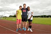 19 June 2014; GPA CEO Dessie Farrell, with David Dykas, left, aged 14, and Collins Melekwe, aged 13, both from Dublin City, in attendance at the annual GPA Community Camp in ALSAA, Dublin. The Camp, which is overseen by county players, is run for children from disadvantaged schools and this year is being run in conjunction with the SOAR organisation. ALSAA Sports Centre, Old Airport Road, Dublin. Picture credit: Barry Cregg / SPORTSFILE