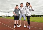 19 June 2014; Former Dublin footballer Senan Connell with Daniel Doyle, left, aged 12, from Finglas, Dublin, and Michelle Fadina, aged 13, from Dublin City, in attendance at the annual GPA Community Camp in ALSAA, Dublin. The Camp, which is overseen by county players, is run for children from disadvantaged schools and this year is being run in conjunction with the SOAR organisation. ALSAA Sports Centre, Old Airport Road, Dublin. Picture credit: Barry Cregg / SPORTSFILE