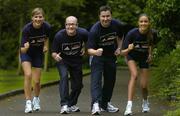 19 June 2006; Taking the Challenge: Models Sarah McGovern, left, and Ruth Griffin with restaurant critic Ross Golden-Bannon, 2nd from left, and Today FM’s Paul Collins who are all running the adidas Irish Runner Challenge in the Phoenix Park on July 9th.  Pre-Race day entries close on Monday 25th June – check www.adidasdublinmarathon.ie for details. Dublin. Picture credit: Brendan Moran / SPORTSFILE