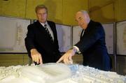 30 June 2006; Outgoing IRFU President Andy Crawford, right, and incoming IRFU President Peter Boyle view a model of the new Lansdowne Road stadium at the annual IRFU council meeting. Berkley Court Hotel, Dublin. Picture credit: Brian Lawless / SPORTSFILE