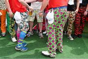 20 June 2014; The frills and the fascinators were left at home and instead golfing fans turned out in their droves today in the most colourful and interesting of sports attire for the first ever Irish Open Wacky Trousers' Day. Whilst there was plenty of excitement on course for day two of Ireland's greatest golfing event, there was a veritable sartorial rainbow off course as visitors to Fota Island Resort ramped up the style dial for an opportunityto win a top prize from Emirates, official airline to the Irish Open. Pictured are some of the trousers on display during the judging. Fota Island, Cork. Picture credit: Brendan Moran / SPORTSFILE