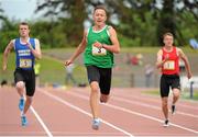 21 June 2014; Sean Lawlor, Kylemore College, Dublin, on his way to winning the Boys 100m event. The 2014 Aviva Schools Tailteann Games. Morton Stadium, Santry, Dublin. Picture credit: Tomás Greally / SPORTSFILE