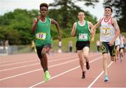 21 June 2014; Mustafa Nasir, HF C.S., Rathcoole, Leinster, on his way to winning the Boys 800m event ahead of  Garry Campbell, 3, Dundalk Grammer School, and Oisin O'Callaghan, 7, Abbey G.S Newry. The 2014 Aviva Schools Tailteann Games. Morton Stadium, Santry, Dublin. Picture credit: Tomás Greally / SPORTSFILE