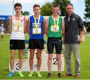 21 June 2014; Winner of the Boys 3000m event Kevin Mulclaire, centre, St. Flannan's College, Ennis, Co. Clare, left, with third placed Christy Conlon, Rathmore G.S., Belfast and second placed, Jack O'Leary, right, Clongowoes Wood College, Co. Kildare, with Three time World Indoor 1500m champion and Director of Track & Field at Villanova University Marcus O'Sullivan. The 2014 Aviva Schools Tailteann Games. Morton Stadium, Santry, Dublin. Picture credit: Tomás Greally / SPORTSFILE