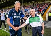 21 June 2014; Laois manager Tomas O'Flatharta and Fermanagh manager Pete McGrath, right, shake hands after the game. GAA Football All-Ireland Senior Championship, Round 1A, Laois v Fermanagh, O’Moore Park, Portlaoise, Co. Laois. Picture credit: Pat Murphy / SPORTSFILE