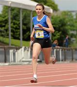21 June 2014; Sharlene Mawsdley, St. Mary's S.S, Newport, Co. Mayo, on her way to winning the Girls 200m event. The 2014 Aviva Schools Tailteann Games. Morton Stadium, Santry, Dublin. Picture credit: Tomás Greally / SPORTSFILE