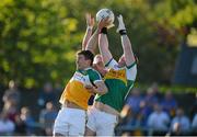 21 June 2014; Seánie Furlong, Wicklow, scores his side's second goal despite the efforts of Offaly goalkeeper Alan Mulhall and corner back Joseph O'Connor. GAA Football All-Ireland Senior Championship, Round 1A, Wicklow v Offaly, Aughrim GAA Grounds, Aughrim, Co. Wicklow. Picture credit: Dáire Brennan / SPORTSFILE