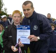 24 June 2006; Craig Hickey, Killarney Celtic captain, is presented with a team certificate by Republic of Ireland goalkeeper Shay Given after the Danone Nations Cup. AUL Complex, Clonshaugh, Dublin. Picture credit: Pat Murphy / SPORTSFILE