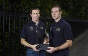 27 June 2006; Offaly footballer Karol Slattery, left, and Tipperary hurler Eoin Kelly who were presented with the Opel Gaelic Player of the Month Awards for May, in conjunction with the Gaelic Players Association. St Stephen's Green, Dublin. Picture credit: Damien Eagers / SPORTSFILE