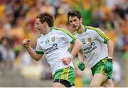 22 June 2014; Darach O'Connor, Donegal, turns to celebrate with team mate Ryan McHugh after scoring his side's second goal. Ulster GAA Football Senior Championship, Semi-Final, Donegal v Antrim, St Tiernach's Park, Clones, Co. Monaghan. Picture credit: Oliver McVeigh / SPORTSFILE