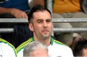 22 June 2014; Karl Lacey, Donegal, watches the game from the substitutes bench. Ulster GAA Football Senior Championship, Semi-Final, Donegal v Antrim, St Tiernach's Park, Clones, Co. Monaghan. Picture credit: Oliver McVeigh / SPORTSFILE