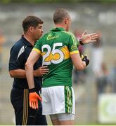 22 June 2014; Kerry manager Eamonn Fitzmaurice talks to substitute Kieran Donaghy before he was introduced. Munster GAA Football Senior Championship, Semi-Final, Clare v Kerry, Cusack Park, Ennis, Co. Clare. Picture credit: Ray McManus / SPORTSFILE