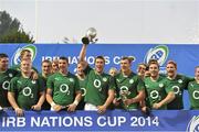 22 June 2014; Emerging Ireland team celebrate with the IRB Nations Cup. 2014 IRB Nations Cup, Emerging Ireland v Romania, Arcul de Triumf, Bucharest, Romania, Picture credit: Alex Nicodim / SPORTSFILE