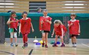 23 June 2014; Competitors, from left: Emer Rolff, aged 6, from Bray, Co. Wicklow, Kate Wilson, aged 8, from Wicklow Town, Sophie Lawlor, aged 6, from Bray, Co. Wicklow, Alex Cavazza, aged 6, from Greystones, Co. Wicklow, and JP Lynch, aged 5 from Greystones, Co. Wicklow, take part in the egg and spoon race at the Forest Feast Little Athletics Jamboree, Shoreline Leisure Centre, Greystones, Co. Wicklow. Picture credit: Barry Cregg / SPORTSFILE