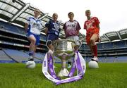 3 July 2006; Team captains from left, Amanda Carey, Monaghah, Mary Nevin, Dublin, Lorna Joyce, Galway and Juliette Murphy, Cork, at the launch of the 2006 TG4 All-Ireland Ladies Football Championship. Croke Park, Dublin. Picture credit: Brendan Moran / SPORTSFILE