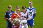 3 July 2006; Team captains, from left, Mary Nevin, Dublin, Juliette Murphy, Cork, Lorna Joyce, Galway and Amanda Carey, Monaghan, at the launch of the 2006 TG4 All-Ireland Ladies Football Championship. Croke Park, Dublin. Picture credit: Brendan Moran / SPORTSFILE