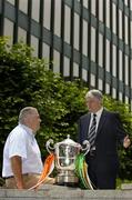 4 July 2006; Donegal manager Brian McIver, right, in conversation with Armagh manager Joe Kernan at a photocall ahead of this weekend's Bank of Ireland Ulster Senior Football Championship Final. Bank of Ireland Head Office, Baggot Street, Dublin. Picture credit: Brendan Moran / SPORTSFILE