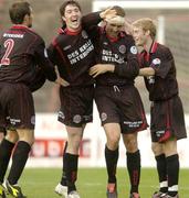 7 July 2006; Player-manager Gareth Farrelly, Bohemians, second from right, is congratulated by team-mates, from left, Stephen Rice, Stephen Ward, and John Paul Kelly, after scoring his side's first goal. eircom League, Premier Division, Bohemians v Derry City, Dalymount Park, Dublin. Picture credit: Brian Lawless / SPORTSFILE