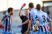 27 June 2014; Referee Derek Tomney shows a red card to Paul Andrews, Drogheda United. SSE Airtricity League Premier Division, Drogheda United v Sligo Rovers, United Park, Drogheda, Co. Louth. Photo by Sportsfile