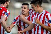 27 June 2014; Michael Duffy, Derry City, celebrates with Mark Timlin and Rory Patterson, right, after scoring his side's second goal. SSE Airtricity League Premier Division, Derry City v Dundalk, Brandywell, Derry. Picture credit: Oliver McVeigh / SPORTSFILE
