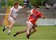 28 June 2014; Derek Maguire, Louth, in action against Peter Harte and Darren McCurry, Tyrone. GAA Football All Ireland Senior Championship, Round 1B, Tyrone v Louth, Healy Park, Omagh, Co. Tyrone. Picture credit: Oliver McVeigh / SPORTSFILE
