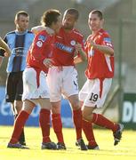 14 July 2006; Bobby Ryan, left, Shelbourne, is congratulated by Dave Rogers and Colin Hawkins, 19, after his goal. eircom League, Premier Division, Dublin City v Shelbourne, Dalymount Park, Dublin. Picture credit: Matt Browne / SPORTSFILE