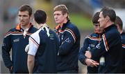 28 June 2014; Suspended Armagh players Brendan Donaghy, left, Kieran Toner, 3rd from left, and Andy Mallon, right, before the game. Ulster GAA Football Senior Championship, Semi-Final, Armagh v Monaghan, St Tiernach's Park, Clones, Co. Monaghan. Picture credit: Brendan Moran / SPORTSFILE