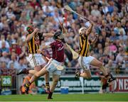 28 June 2014; Padraig Walsh, right, and Eoin Larkin, Kilkenny, in action against David Collins, Galway. Leinster GAA Hurling Senior Championship, Semi-Final Replay, Kilkenny v Galway, O'Connor Park, Tullamore, Co. Offaly. Picture credit: Piaras Ó Mídheach / SPORTSFILE