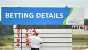 29 June 2014: A racecourse official marks the betting scoreboard ahead of the At The Races Curragh Cup. Curragh Racecourse, The Curragh, Co. Kildare. Picture credit: Barry Cregg / SPORTSFILE