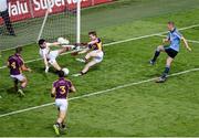 29 June 2014: Paul Mannion, Dublin, has his shot saved by Wexford goalkeeper Shane Roche, along with the full-back line of, left to right, Conor Carty, Graeme Molloy, and Robert Tierney. Leinster GAA Football Senior Championship, Semi-Final, Dublin v Wexford, Croke Park, Dublin. Picture credit: Dáire Brennan / SPORTSFILE