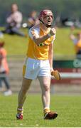 29 June 2014: PJ O'Connell, Antrim, celebrates after scoring a goal for his side. GAA Hurling All-Ireland Senior Championship, Round 1, Antrim v Offaly, Ballycastle, Co. Antrim. Picture credit: Oliver McVeigh / SPORTSFILE