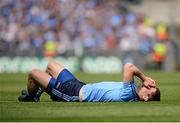 29 June 2014: Rory O'Carroll, Dublin, lies injured after colliding with team-mate Nicky Devereux during the first half. Leinster GAA Football Senior Championship, Semi-Final, Dublin v Wexford. Croke Park, Dublin. Picture credit: Piaras Ó Mídheach / SPORTSFILE