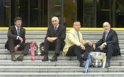 12 July 2006; County managers, from left, Peter Forde, Galway, Mickey Moran, Mayo, Paul Caffrey, Dublin, and Kevin Kilmurray, Offaly, with the Nestor and Delaney cups at a photocall ahead of this weekend's Bank of Ireland Leinster and Connacht Senior Football Championship Finals. Bank of Ireland Head Office, Baggot Street, Dublin. Picture credit: Pat Murphy / SPORTSFILE