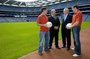 13 July 2006; Toyota Ireland announced a two year extension to its sponsorship with the GAA as the official car supplier to the GAA. Pictured at the announcement are, from left, Galway footballer Declan Meehan, Nickey Brennan, President of the GAA, Dr Tim Mahony, Chairman, Toyota Ireland and Offaly footballer Ciaran McManus. Croke Park, Dublin. Picture credit: Brendan Moran / SPORTSFILE