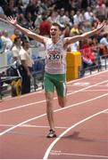 5 March 2005; David Gillick, Ireland, crosses the line to win in the Men's 400m event. 28th European Indoor Championships, The Palacio de Deportes Comunidad de Madrid Indoor Hall, Madrid, Spain. Picture credit; Pat Murphy / SPORTSFILE