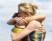 22 July 2006; Joanne Cuddihy, UCD A.C., is congratulated by Emily Maher, Kilkenny City Harriers A.C., left, after the Women's 200m event at the AAI National Senior Track and Field Championships. Morton Stadium, Santry, Dublin. Picture credit: Pat Murphy / SPORTSFILE