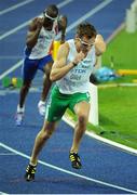 21 August 2009; Ireland's David Gillick races clear of Leslie Djhone of France on his way to finishing 6th in a time of 45.53 seconds in the Men's 400m Final. 12th IAAF World Championships in Athletics, Olympic Stadium, Berlin, Germany. Picture credit: Brendan Moran / SPORTSFILE