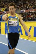 20 February 2010; David Gillick, Dundrum South Dublin A.C., celebrates winning the Men's 400m and equalling his own Irish Indoor Record of 45.52 seconds. Aviva Indoor Grand Prix Meet, National Indoor Arena, Birmingham, England. Picture credit: Richard Lane / SPORTSFILE