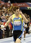 20 February 2010; David Gillick, Dundrum South Dublin A.C., celebrates winning the Men's 400m and equalling his own Irish Indoor Record of 45.52 seconds. Aviva Indoor Grand Prix Meet, National Indoor Arena, Birmingham, England. Picture credit: Richard Lane / SPORTSFILE