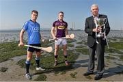 1 July 2014: Ger Cunningham, Bord Gais Energy Sports Ambassador, with Dublin’s Cian O’Callaghan and Wexford’s Jack Guiney at Dollymount Strand in Dublin today ahead of the Bord Gáis Energy GAA Hurling U-21 Leinster Championship Final at Parnell Park on Wednesday, July 9th at 7.30pm where Dublin will play Wexford. The match will be shown live on TG4 with fans able to vote for their man of the match using the #LaochBGE hashtag on Twitter. Picture credit: David Maher / SPORTSFILE