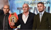 1 July 2014; Boxers Kiko Martinez, left, and Carl Frampton, right, with his manager Barry McGuigan, during a press conference ahead of their IBF Super Bantamweight title fight on Saturday the 6th of September. Titanic Centre, Belfast, Co. Antrim. Picture credit: Barry Cregg / SPORTSFILE